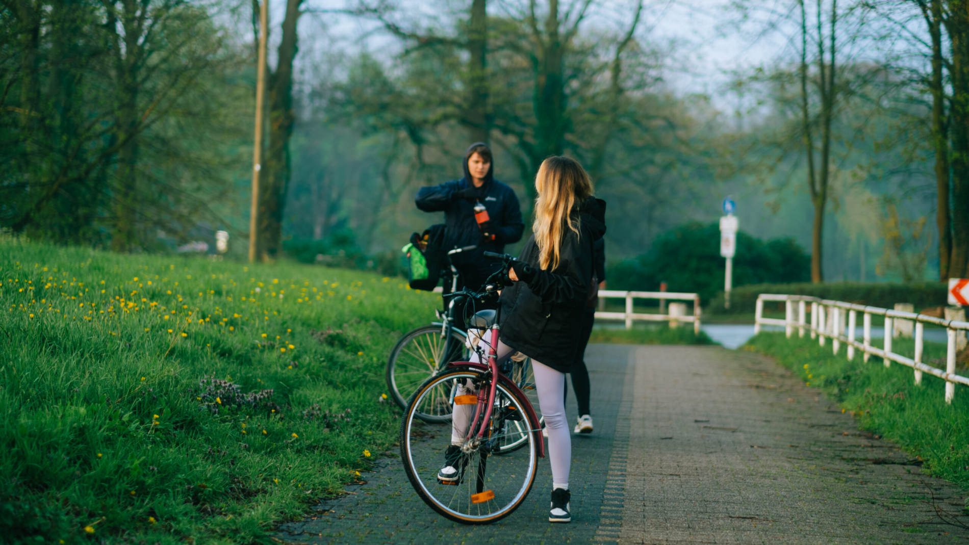 Group of cyclists makings stop in the park during bike trip.